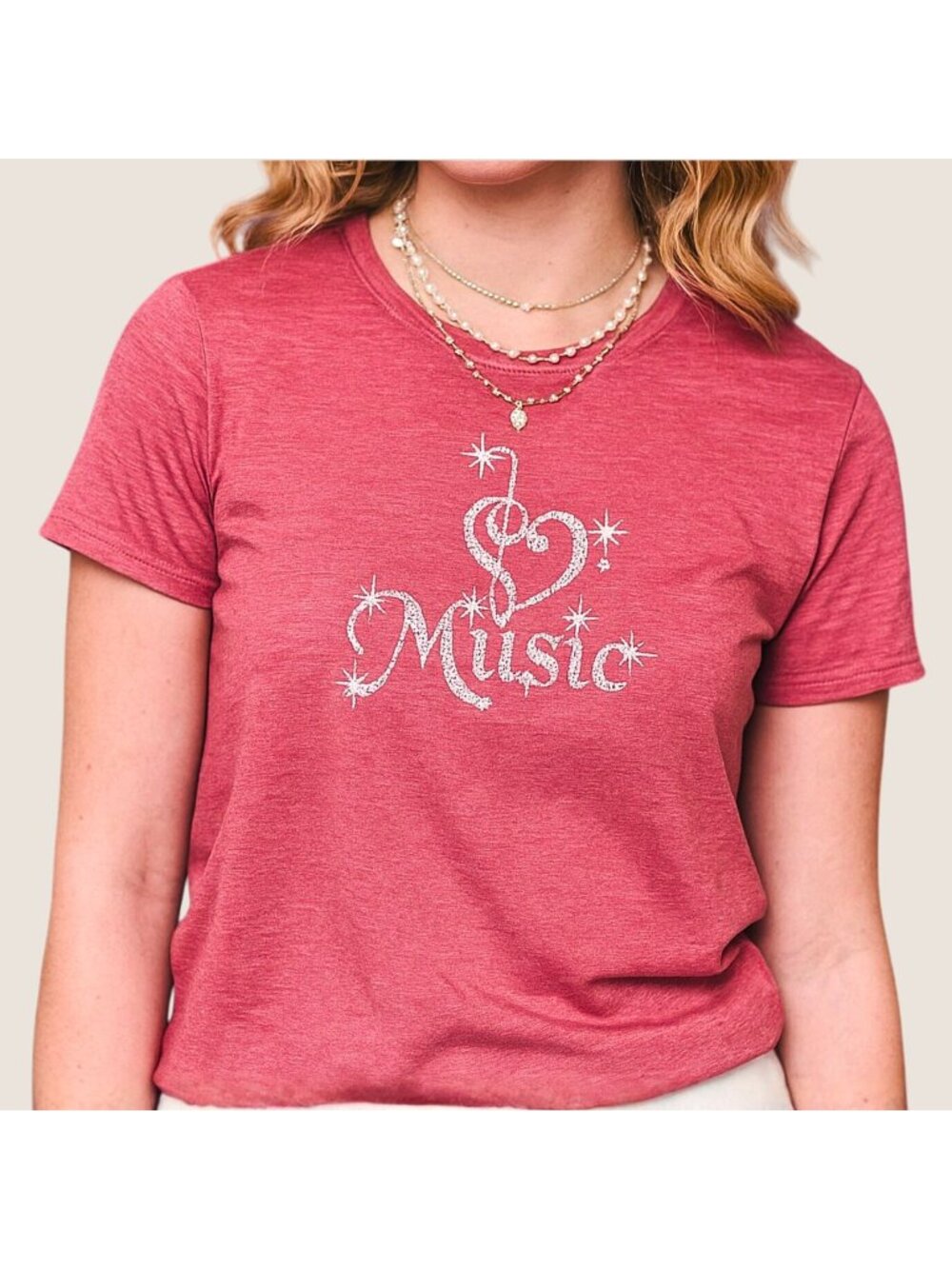 Music Heart Shirt Size L Light Red Treble Clef Graphic Tee Soft Stretch